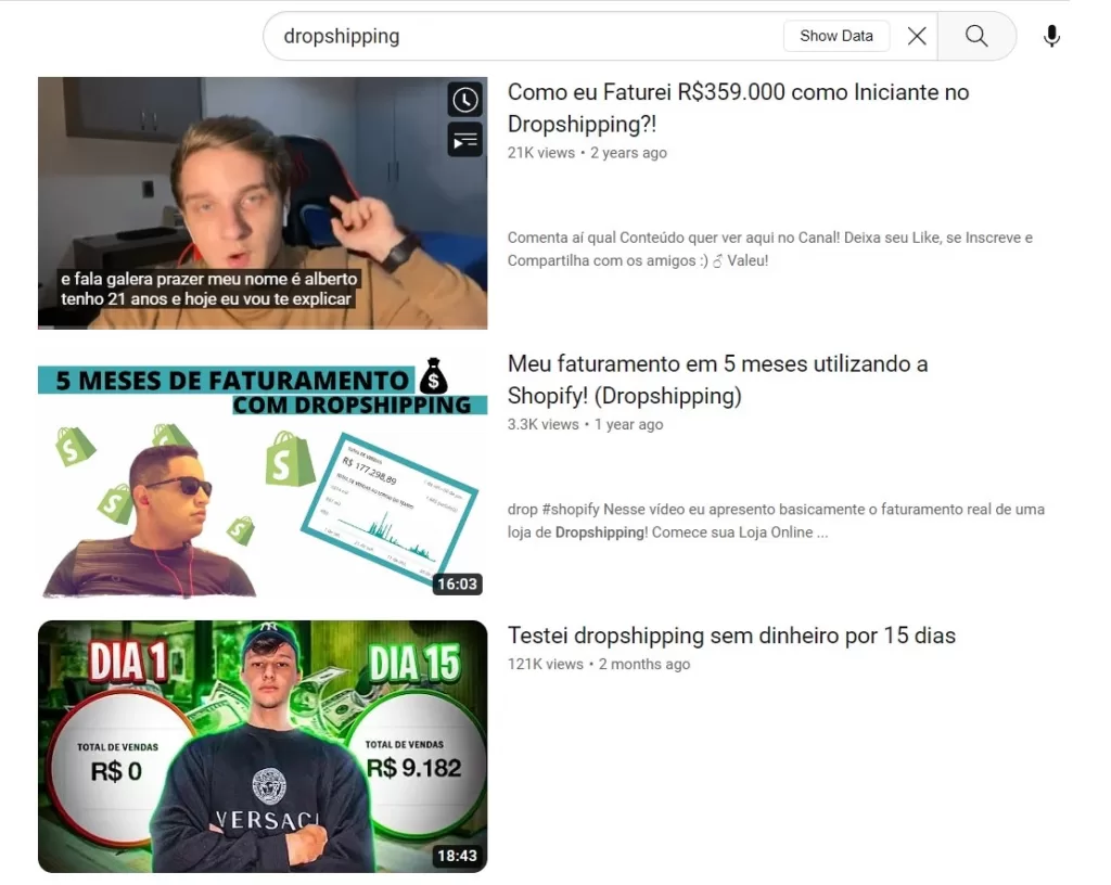 Captura de tela do Youtube mostrando produtores de conteúdo de o que é Dropshipping e como eles atraem atenção